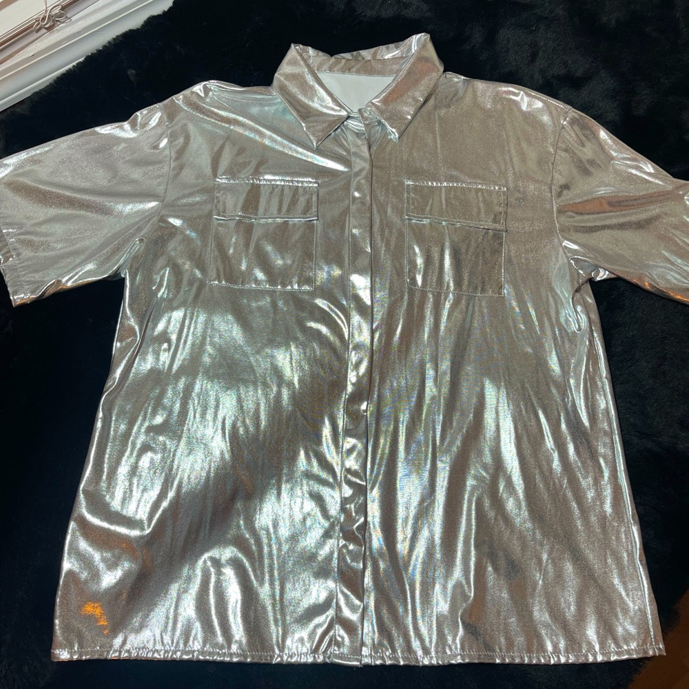 Silver/iridescent button-down top
